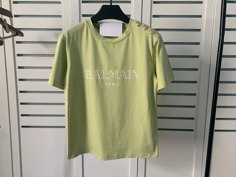 Balmain Logo Print Shoulder Stud Yellow T-Shirt - 10