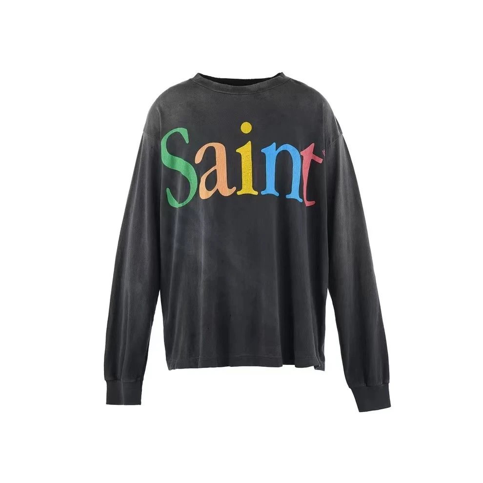 Unbranded Shirts Washed Graphic Long-Sleeve Crewneck Shirt — ST437 model, washed gray