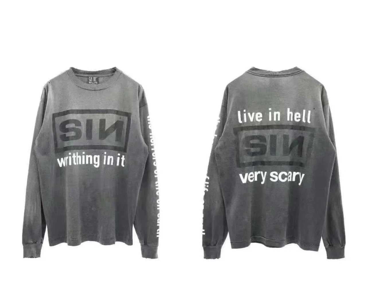 Unbranded Shirts Washed Graphic Long-Sleeve Crewneck Shirt — ST 624 Washed gray