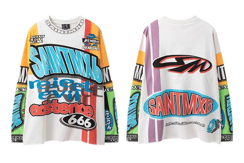 Unbranded Shirts Washed Graphic Long-Sleeve Crewneck Shirt — ST635 Cement White