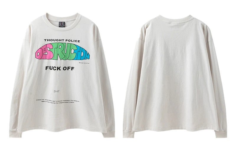 Unbranded Shirts Washed Graphic Long-Sleeve Crewneck Shirt — ST626 cement white