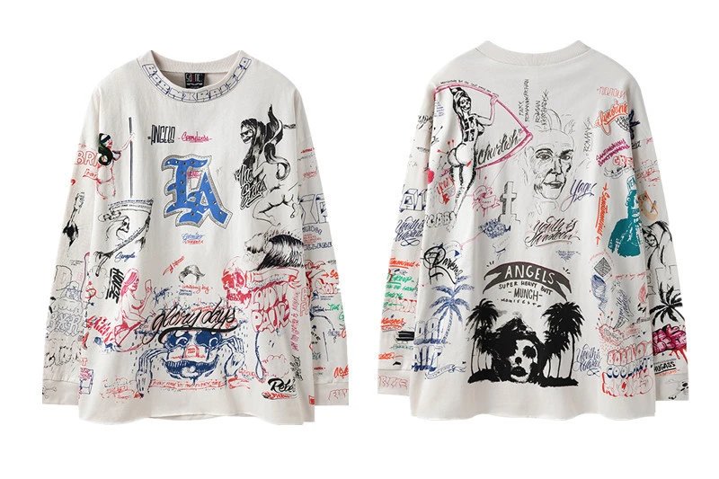 Unbranded Shirts Washed Graphic Long-Sleeve Crewneck Shirt — ST633 cement white