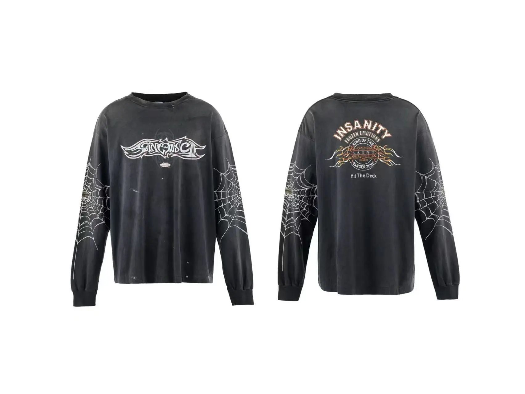 Unbranded Shirts Washed Graphic Long-Sleeve Crewneck Shirt — ST438 model, washed gray