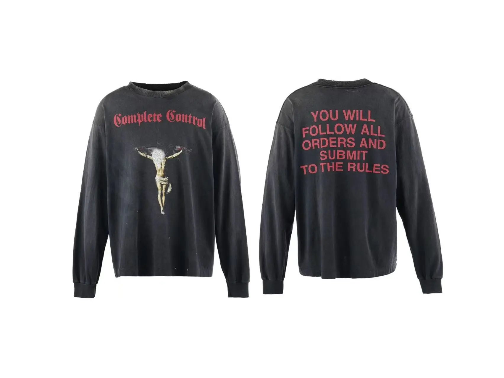 Unbranded Shirts Washed Graphic Long-Sleeve Crewneck Shirt — ST439 model, washed gray