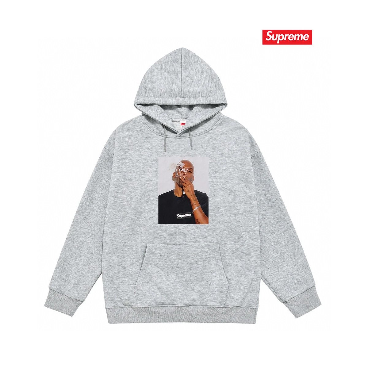 Supreme Hoodies & Sweatshirts Fleece-lined pullover hoodie with photo graphic and kangaroo pocket — S 217 Gray with fleece lining