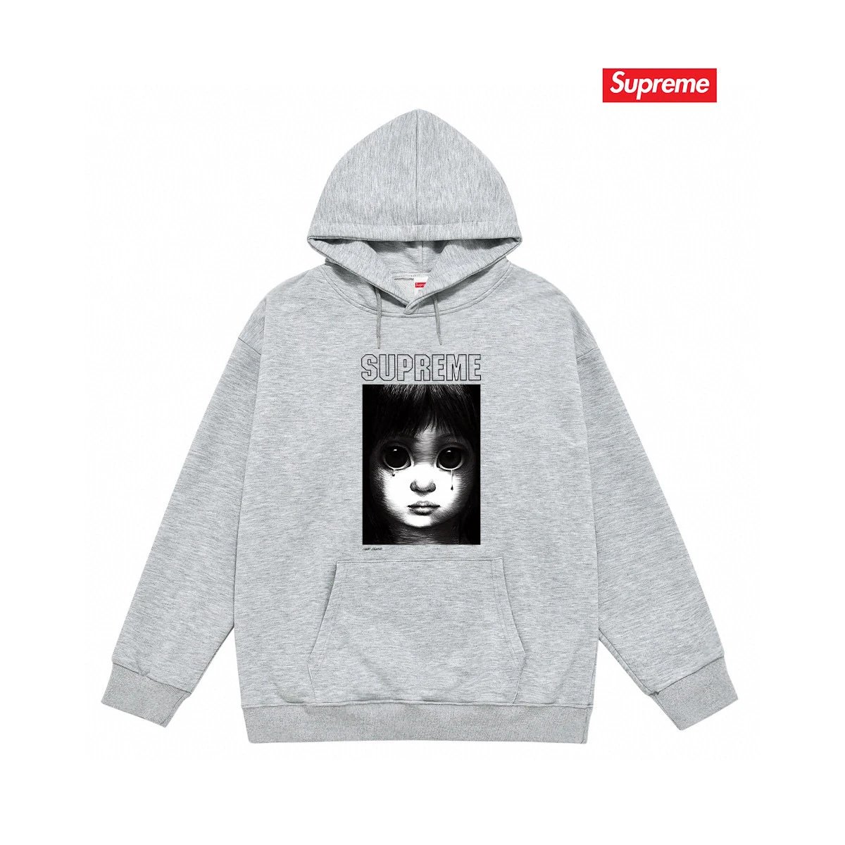 Supreme Hoodies & Sweatshirts Fleece-lined pullover hoodie with photo graphic and kangaroo pocket — S 2177 Gray with fleece lining