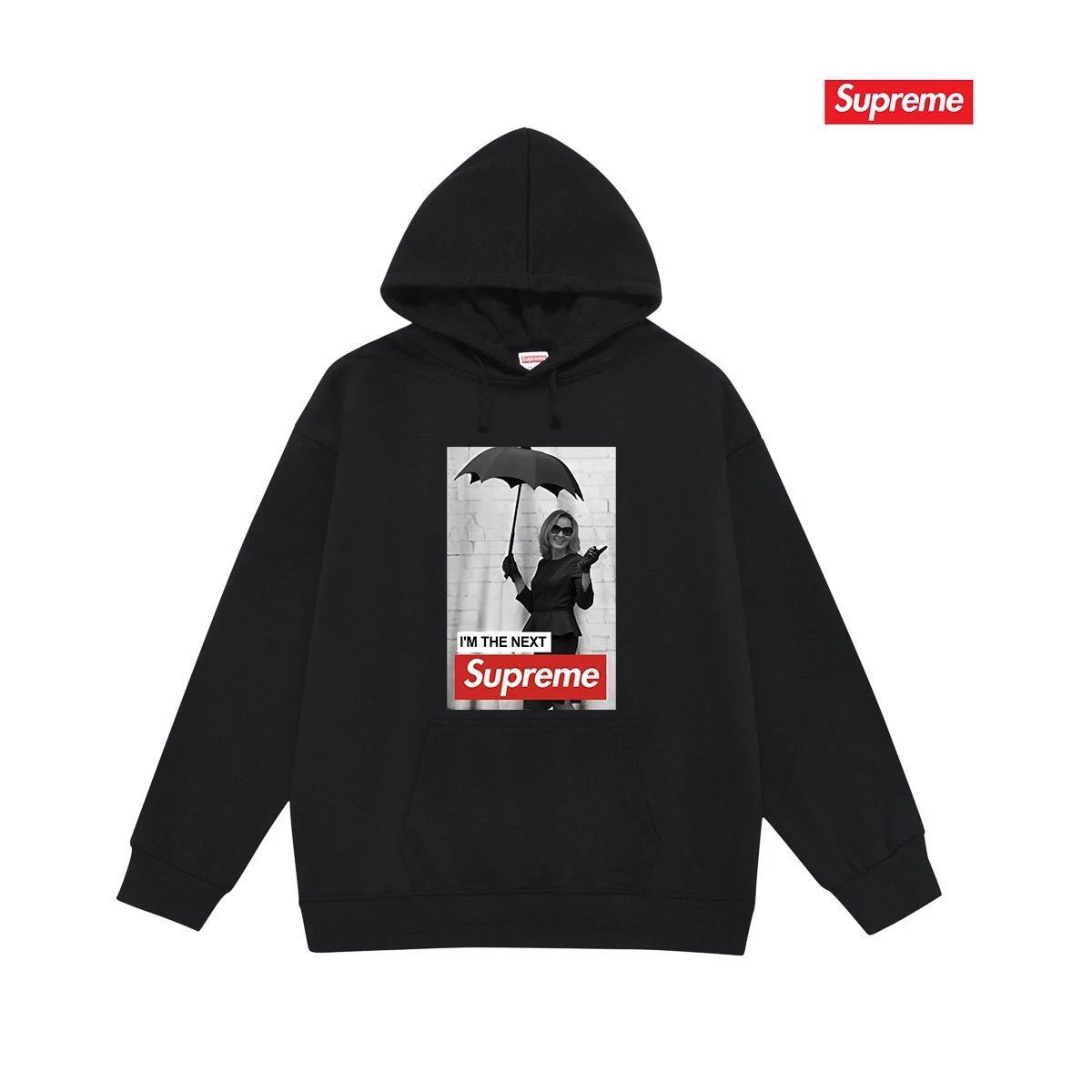 Supreme Hoodies & Sweatshirts Fleece-lined pullover hoodie with photo graphic and kangaroo pocket — S 2184 Black with fleece lining