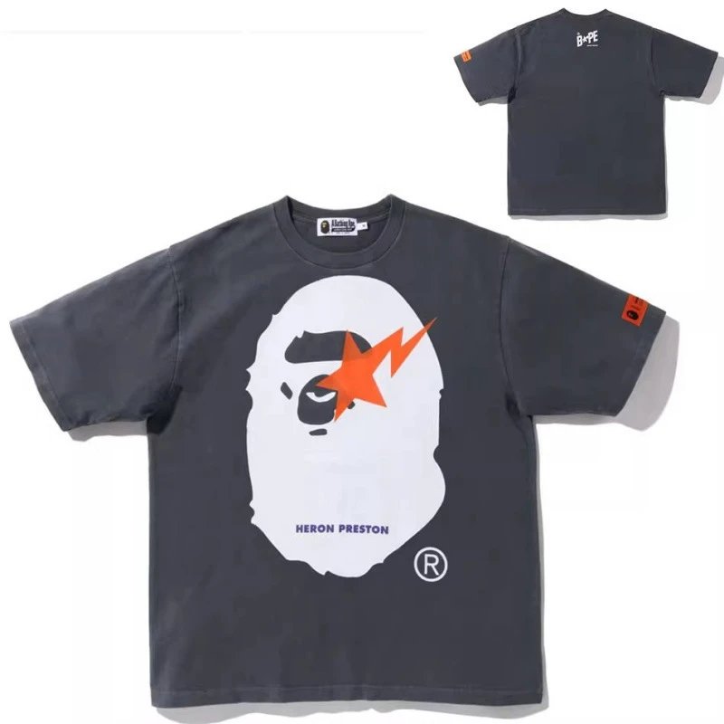 A Bathing Ape T-Shirts Head Graphic Short-Sleeve T-Shirt — 718 Gray Lightning