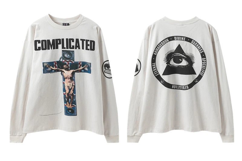 Unbranded Shirts Washed Graphic Long-Sleeve Crewneck Shirt — ST620 Cement White