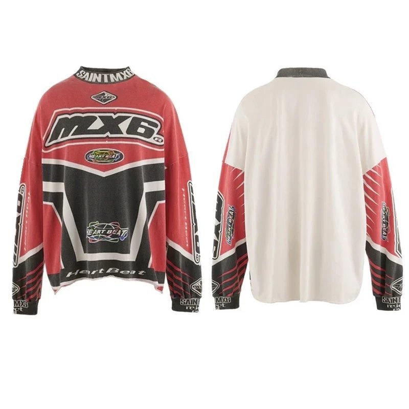 Unbranded Shirts Washed Graphic Long-Sleeve Crewneck Shirt — ST990 model, white/red