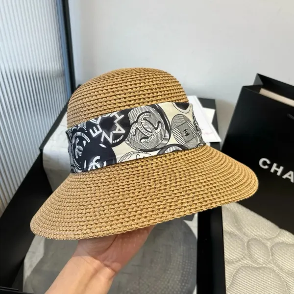 Chanel Straw Hat with CC Logo Silk Band Beige Hat - 1