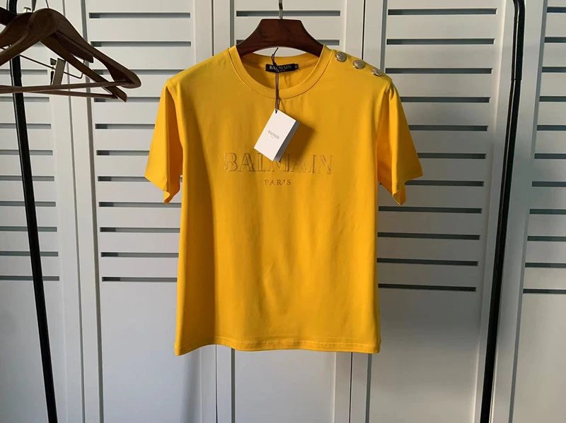 Balmain Logo Print Shoulder Stud Yellow T-Shirt - 18