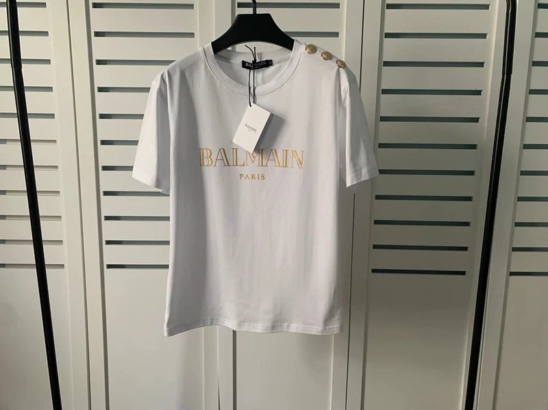 Balmain Logo Print Shoulder Stud Yellow T-Shirt - 26