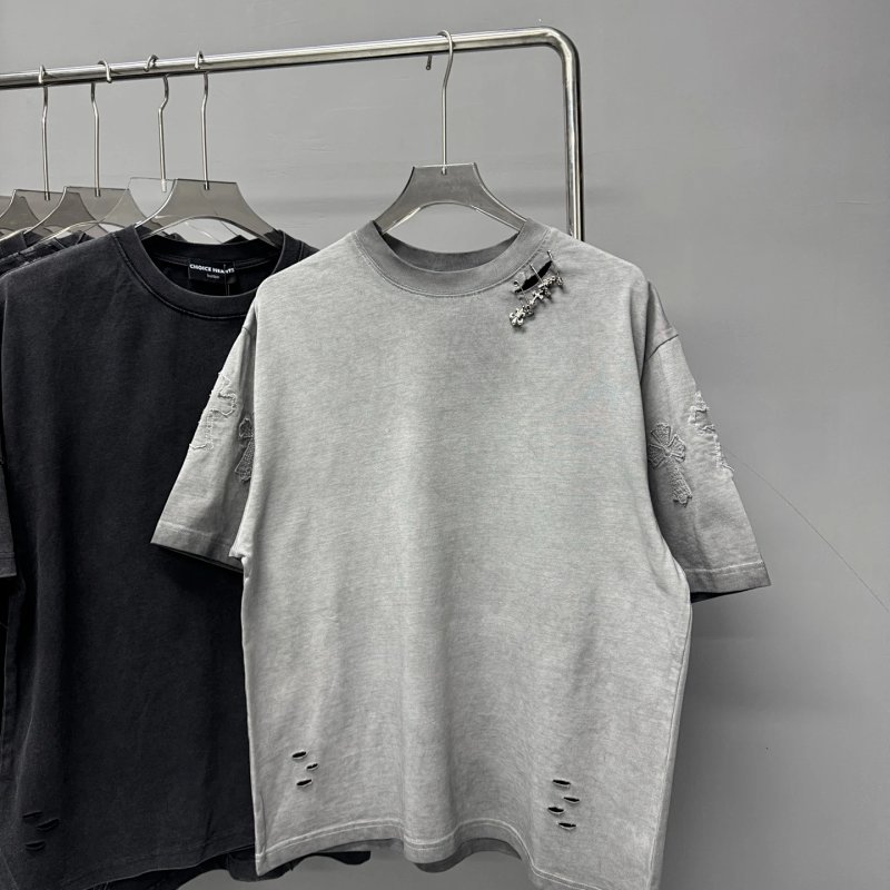 Choice Hearts Distressed Embroidered T-Shirt Gray Tops.t Shirts