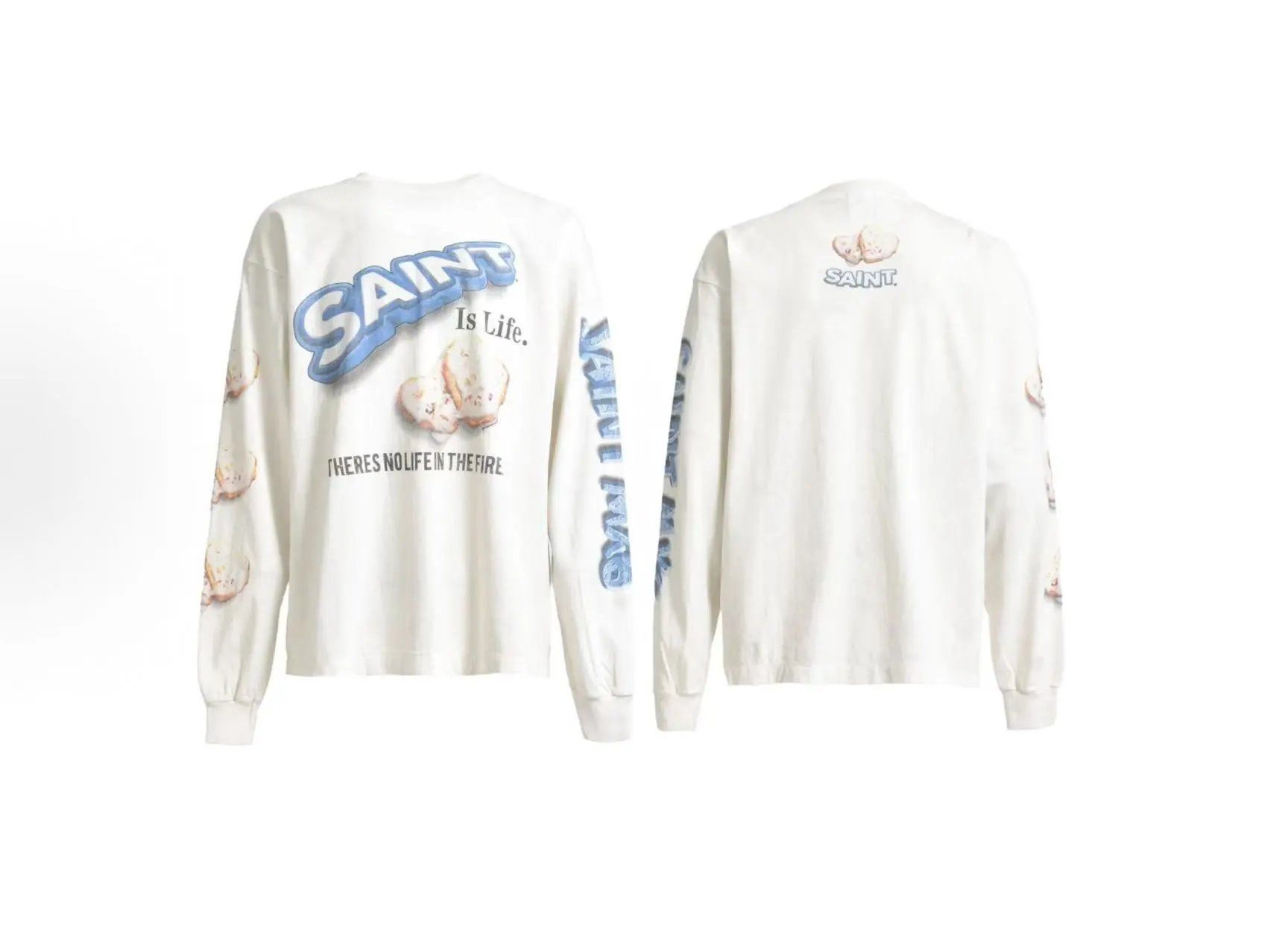 Unbranded Shirts Washed Graphic Long-Sleeve Crewneck Shirt — ST445 Cement White