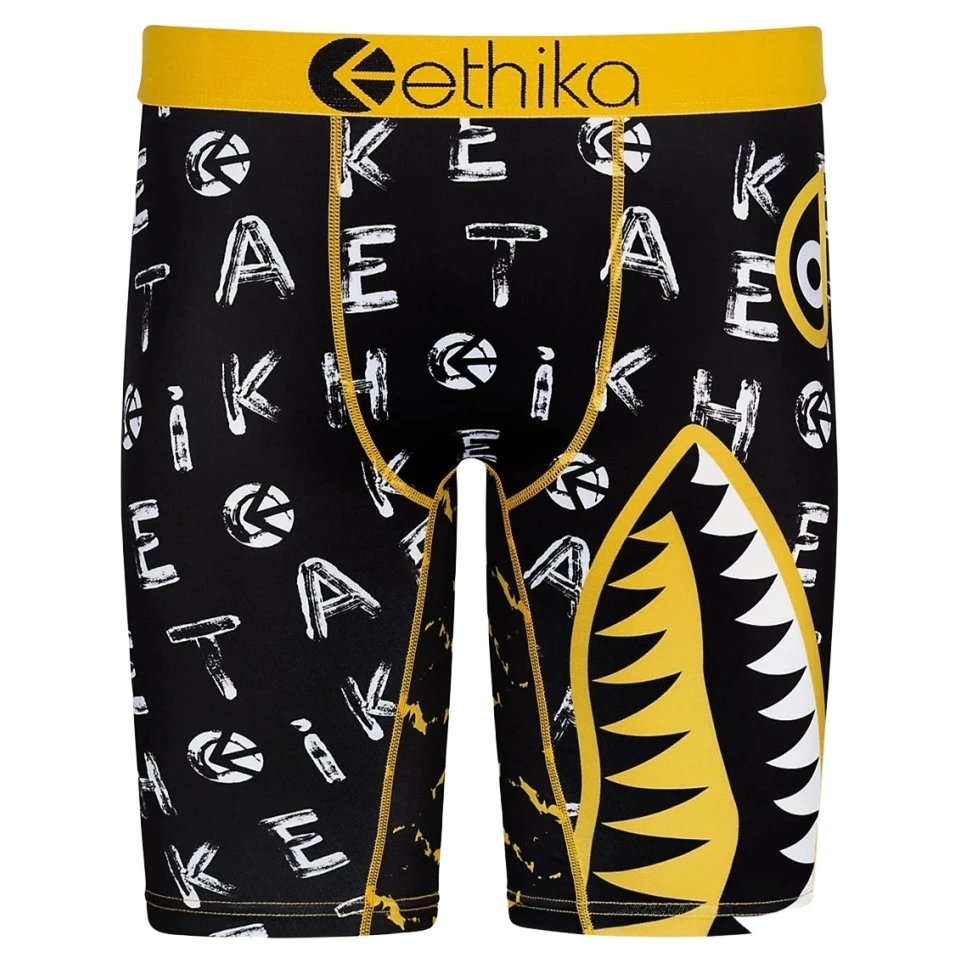 Ethika Underwear Printed Boxer Briefs — Letter Yellow Shark
