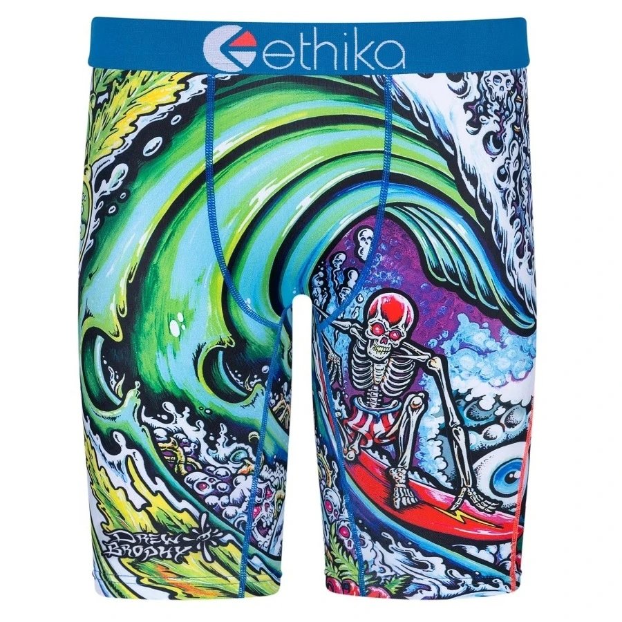 Ethika Underwear Printed Boxer Briefs — Green Wave Skeleton