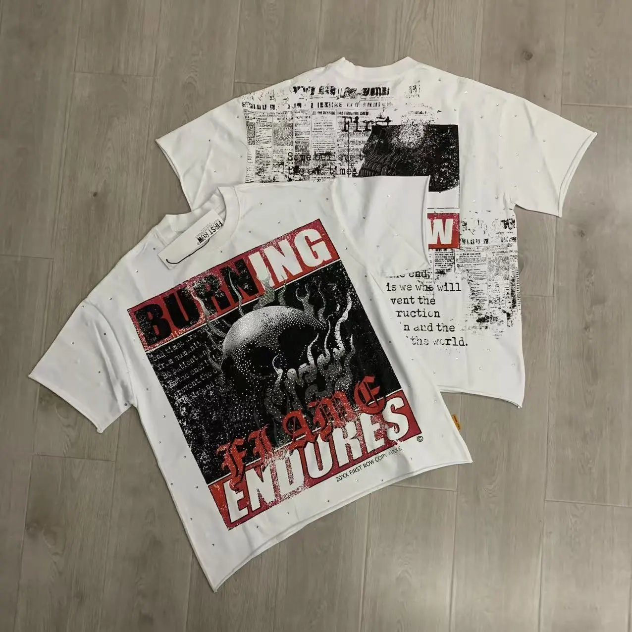 First Row T-Shirts Rhinestone Graphic Washed Cotton — F506 white