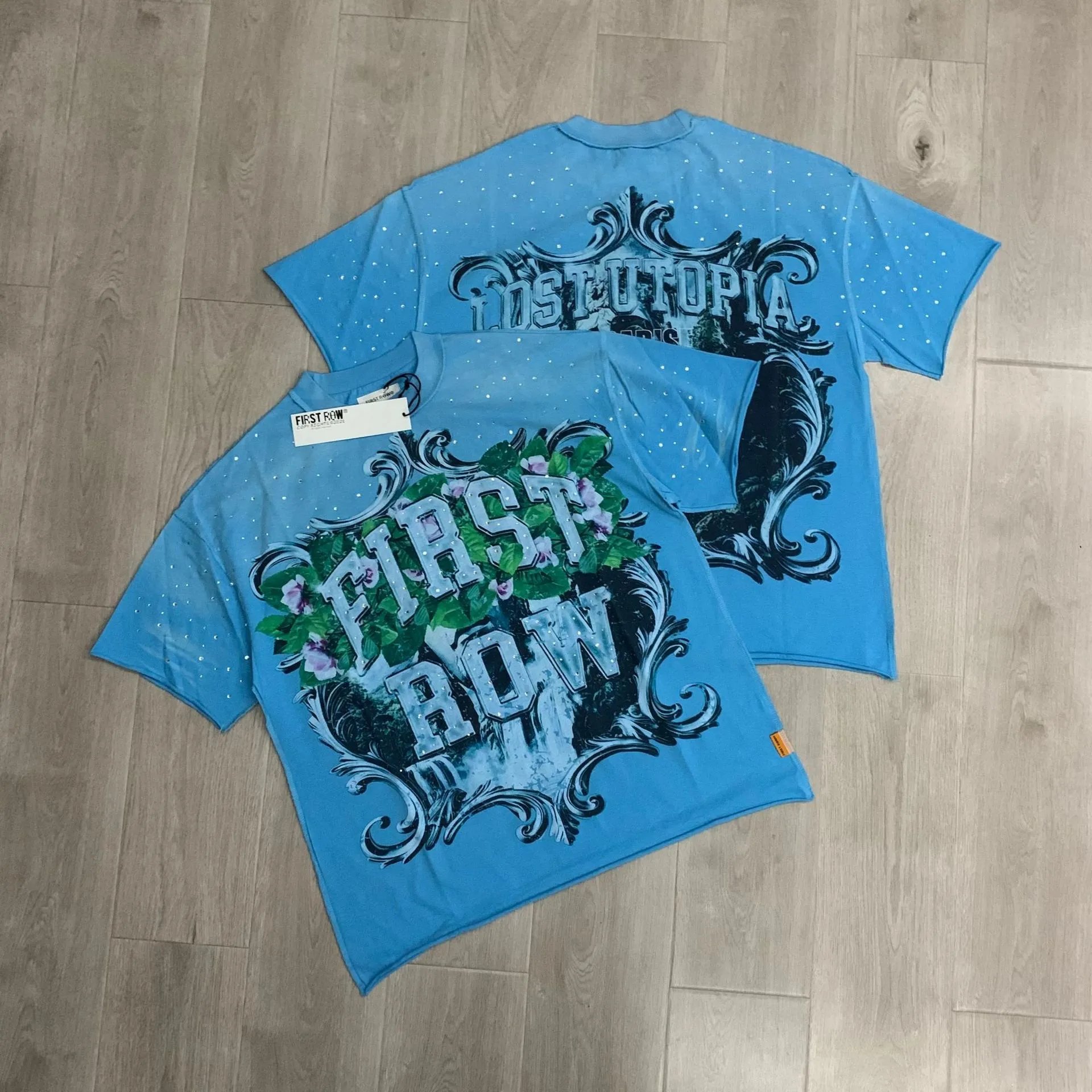 First Row T-Shirts Rhinestone Graphic Washed Cotton — F509