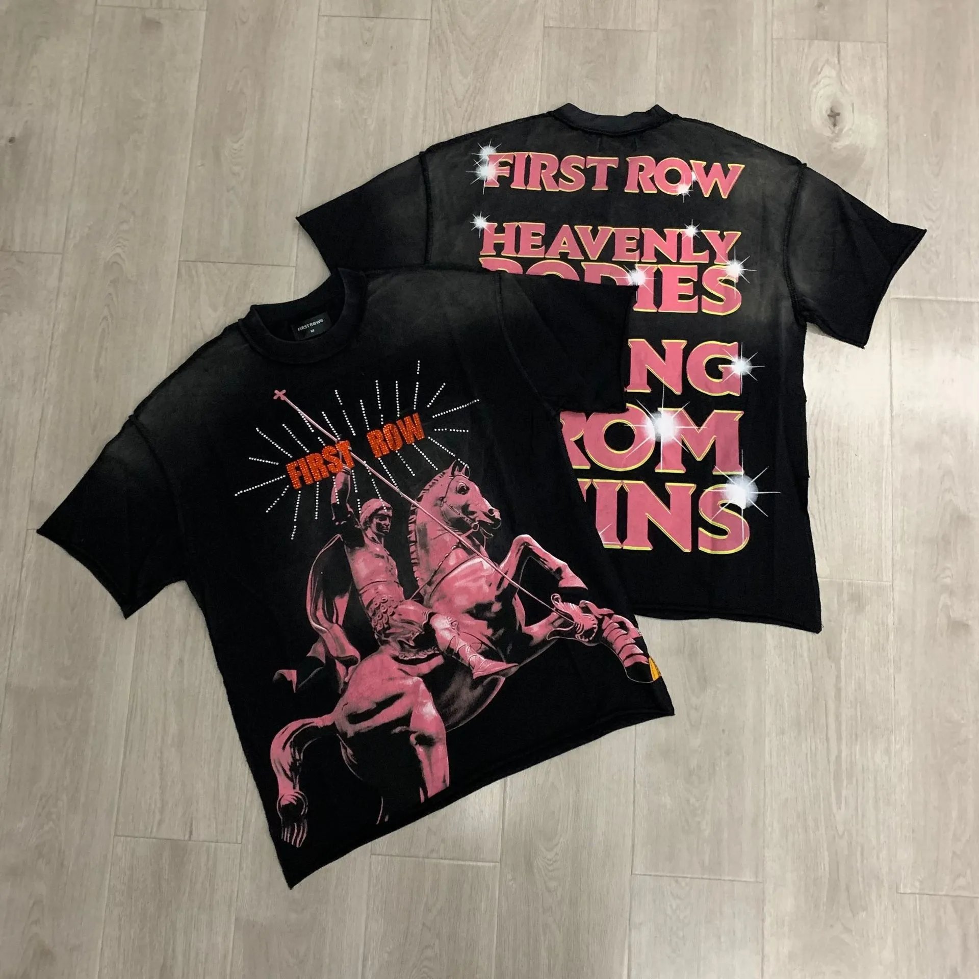 First Row T-Shirts Rhinestone Graphic Washed Cotton — F518