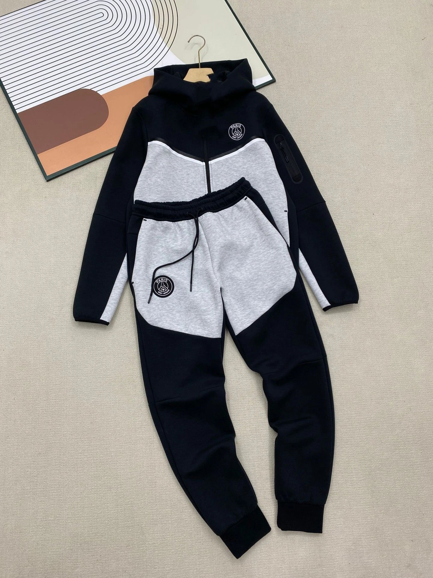 Paris Saint-Germain Tracksuits Hooded Zip Tracksuit — Black and light gray set