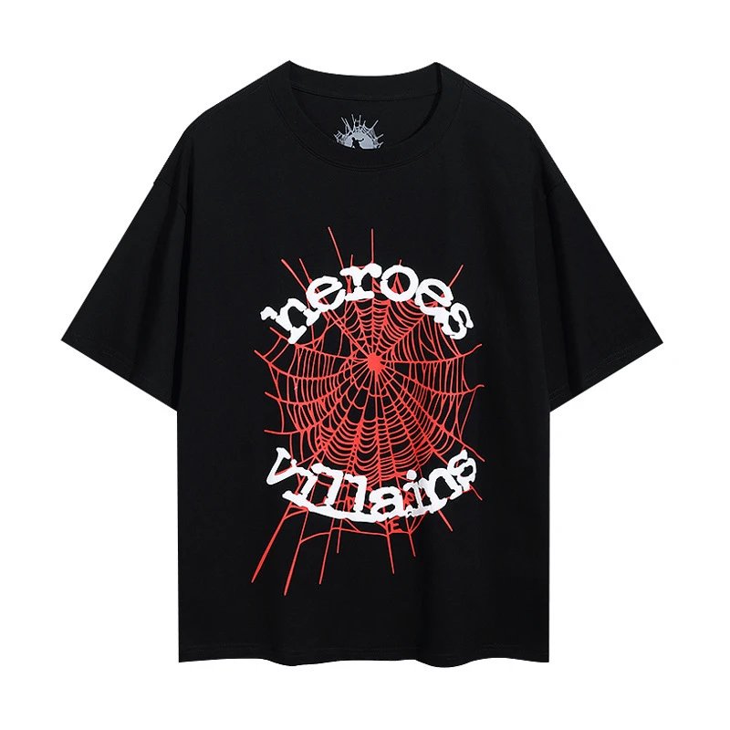 Sp5der T-Shirts Spiderweb Graphic Short-Sleeve T-Shirt — 6004#Black and red