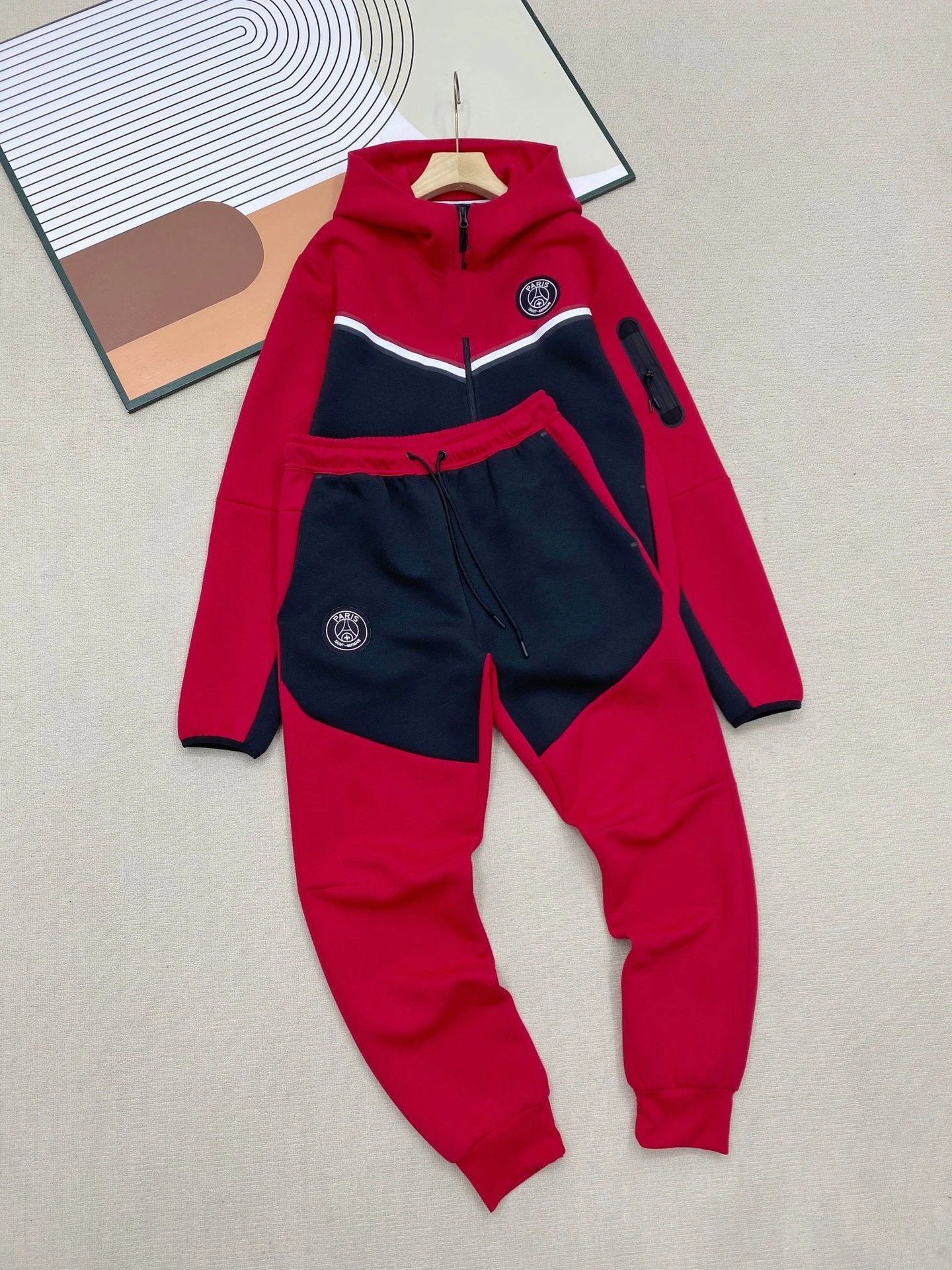 Paris Saint-Germain Tracksuits Hooded Zip Tracksuit — Black and red matching set