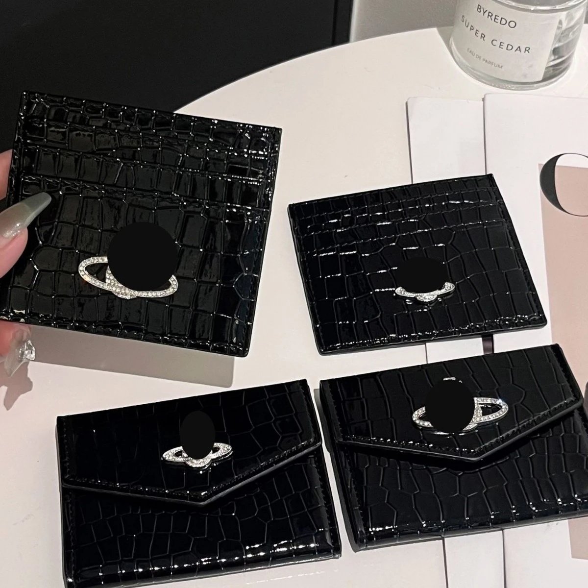 Unbranded Wallets & Card Holders Crocodile-Embossed Holder with Rhinestone Ring Emblem image 2