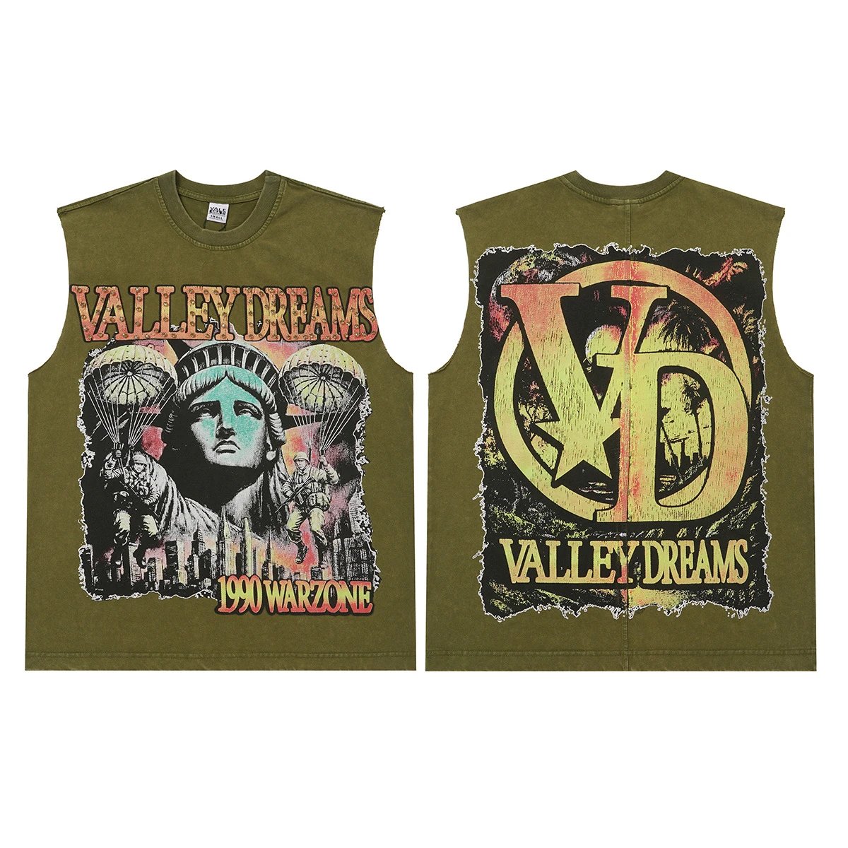 Valley Dreams Vests Washed Graphic Sleeveless Top — V 1305 wash water army green