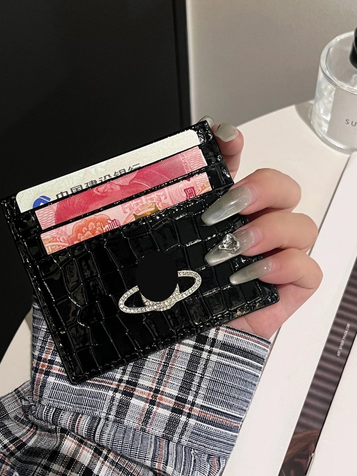 Unbranded Wallets & Card Holders Crocodile-Embossed Holder with Rhinestone Ring Emblem — Black crocodile-patterned Western-style large cardholder with accordion-style seven-card slots
