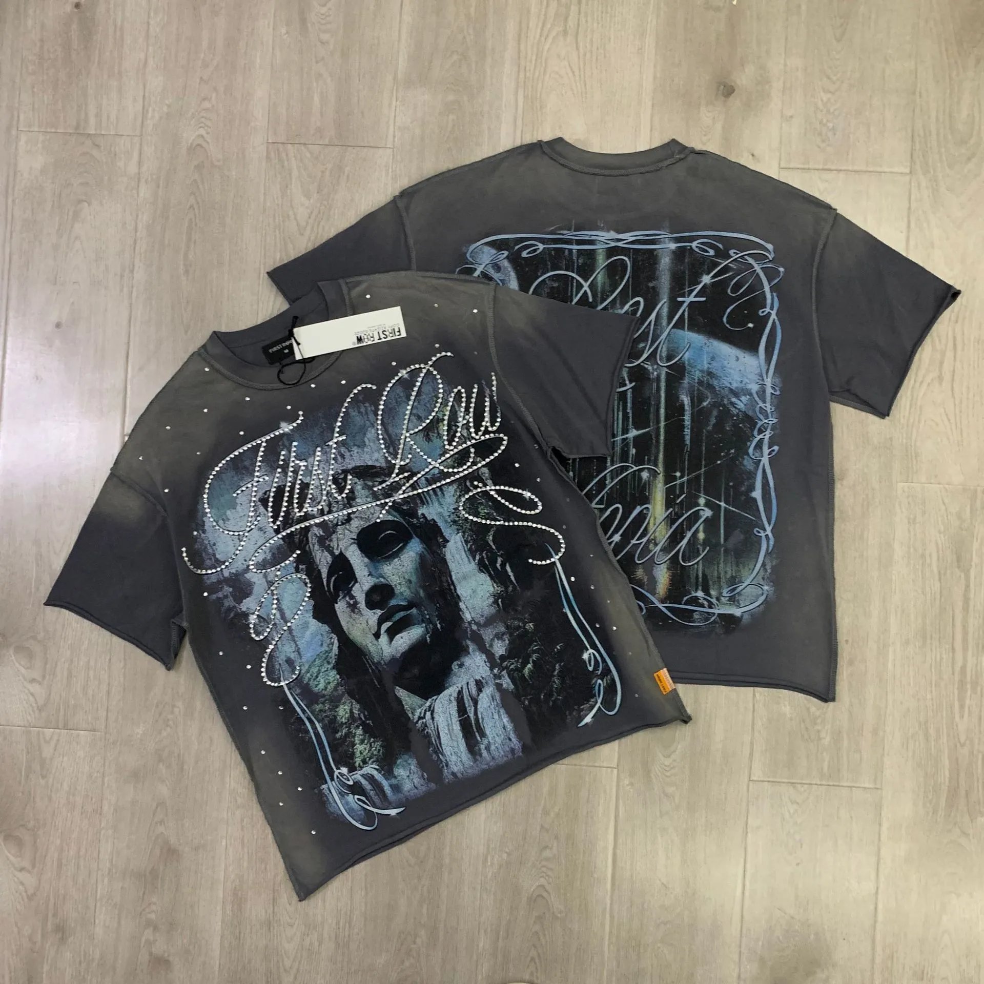 First Row T-Shirts Rhinestone Graphic Washed Cotton — F 513 gray