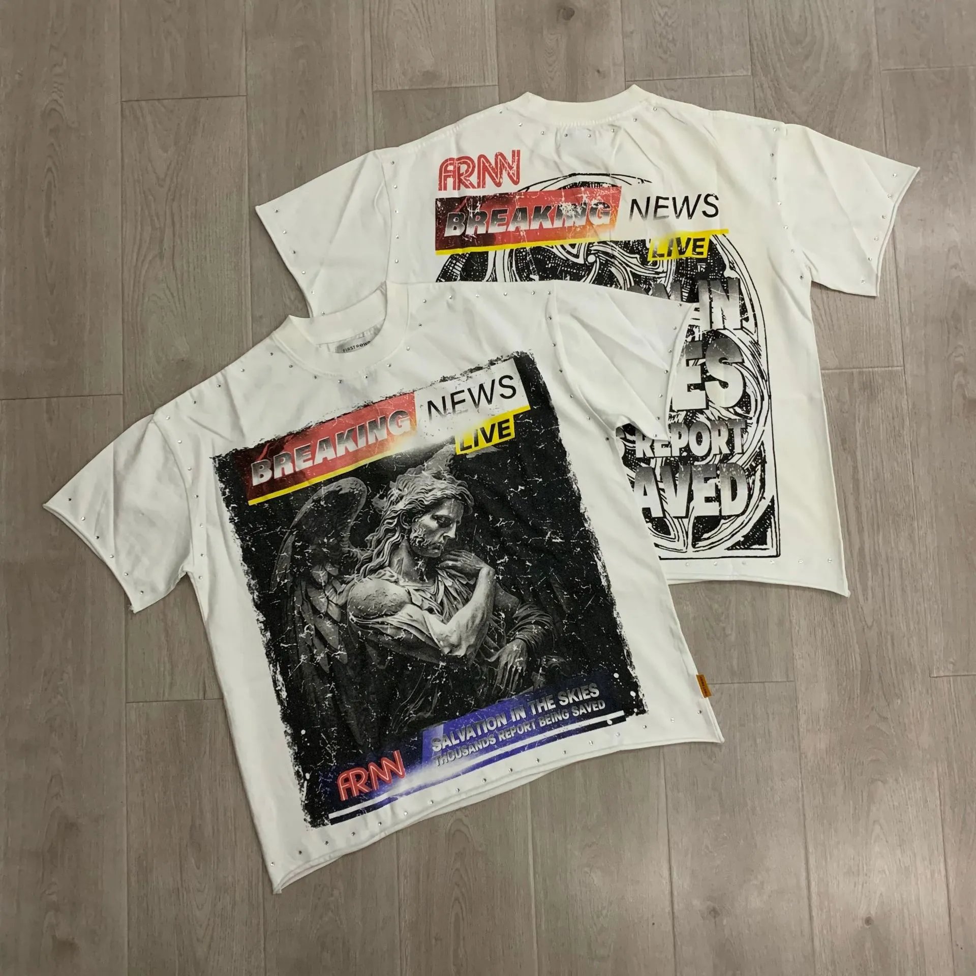 First Row T-Shirts Rhinestone Graphic Washed Cotton — F520