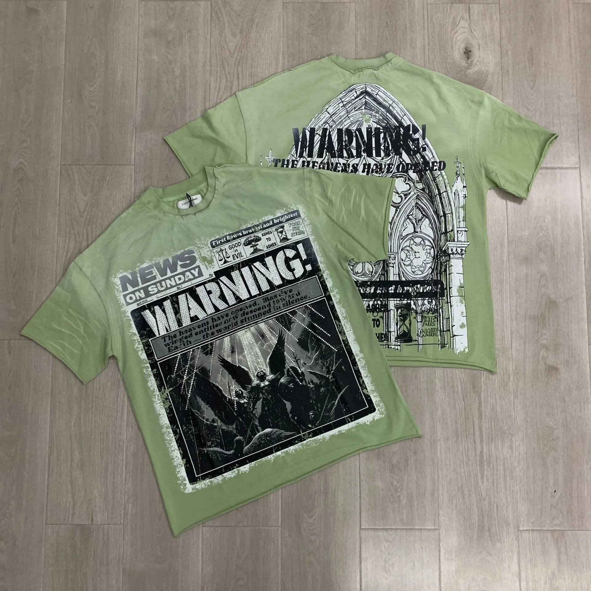First Row T-Shirts Rhinestone Graphic Washed Cotton — F803