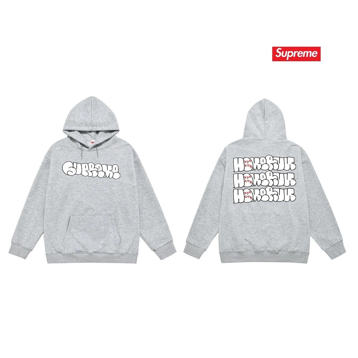 Supreme Hoodies & Sweatshirts Pullover hoodie with oval logo graphic and back text print — S 2151 gray