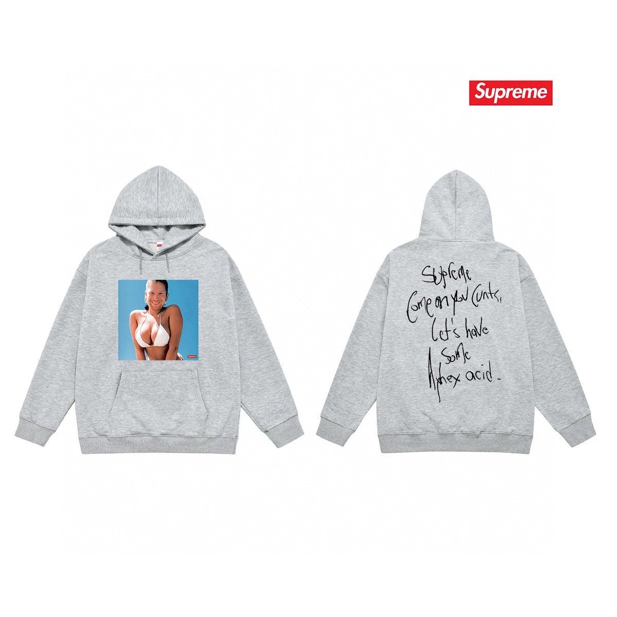 Supreme Hoodies & Sweatshirts Pullover hoodie with oval logo graphic and back text print — S 2148 gray