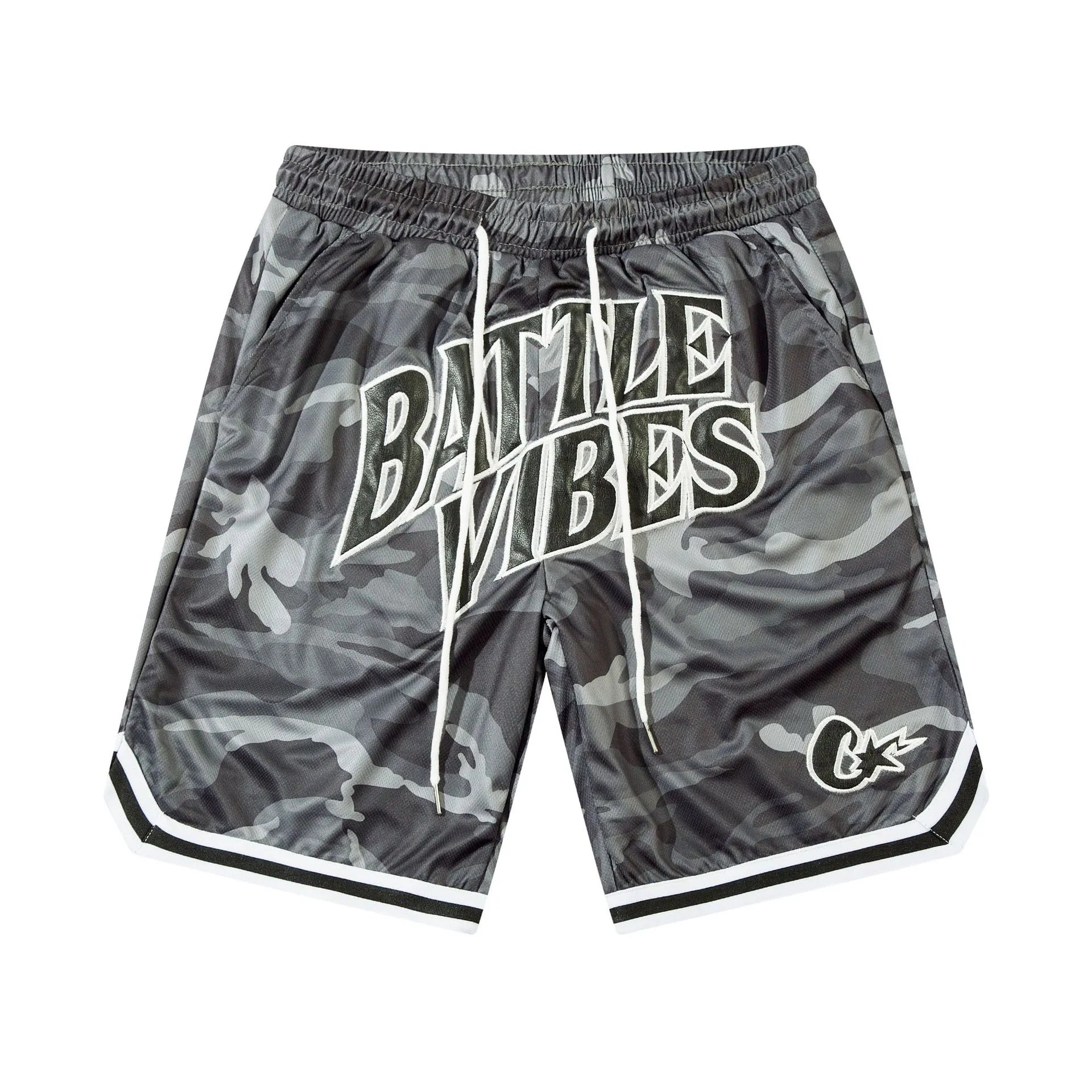 Unbranded Shorts Drawstring Mesh with Embroidered Graphic Lettering — 99 Camouflage gray