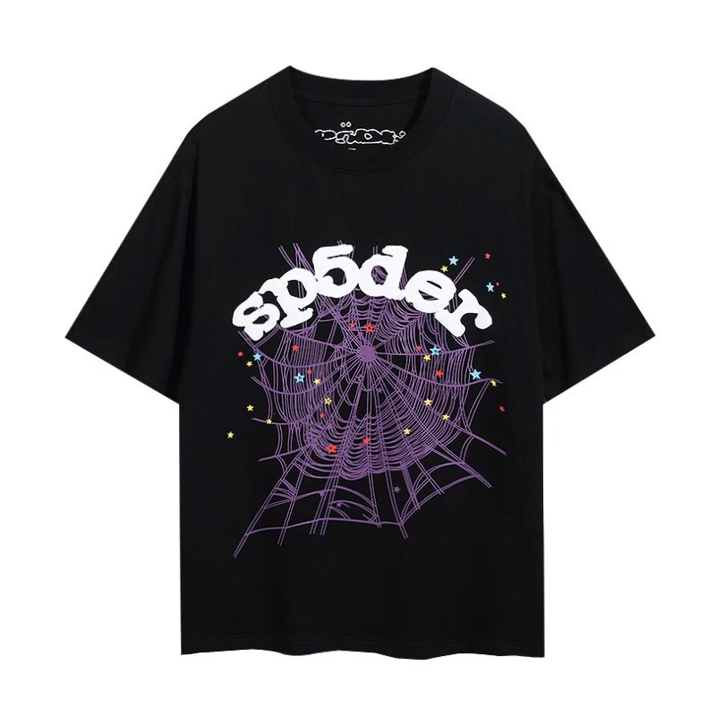 Sp5der T-Shirts Spiderweb Graphic Short-Sleeve T-Shirt — 6005#Black purple