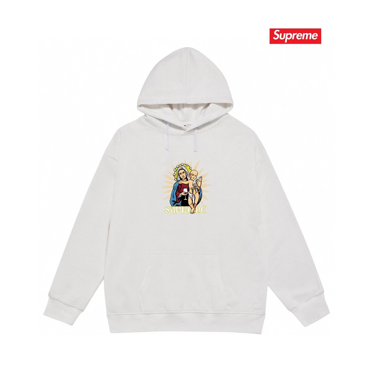 Supreme Hoodies & Sweatshirts Fleece-lined pullover hoodie with photo graphic and kangaroo pocket — S 2176 White with fleece lining