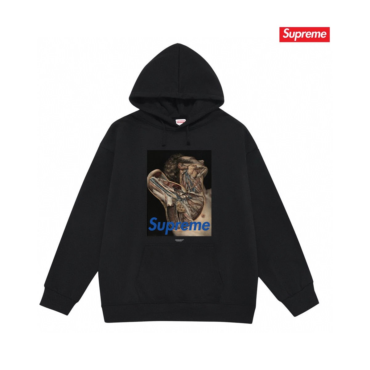 Supreme Hoodies & Sweatshirts Fleece-lined pullover hoodie with photo graphic and kangaroo pocket — S 2178 Black with fleece lining