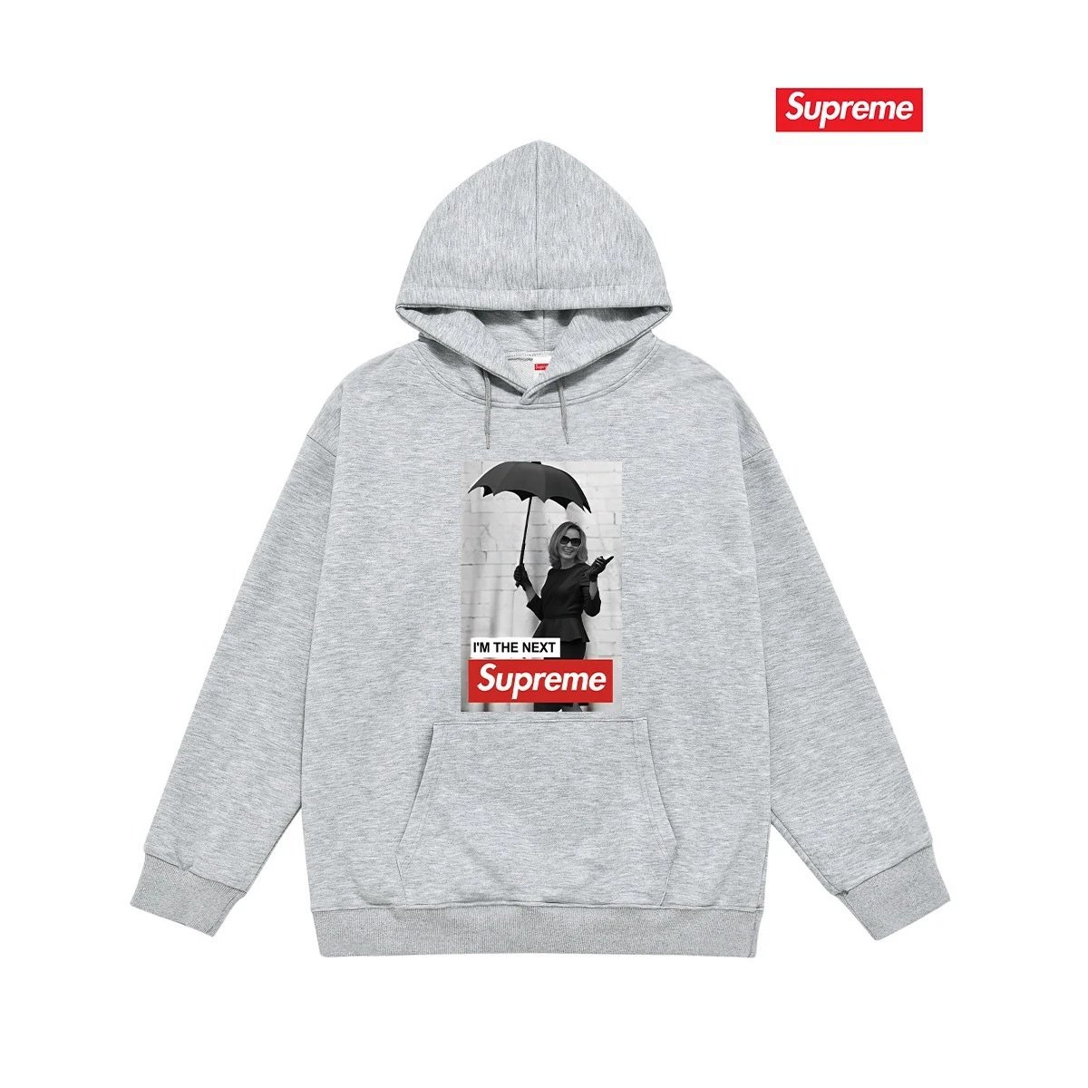 Supreme Hoodies & Sweatshirts Fleece-lined pullover hoodie with photo graphic and kangaroo pocket — S 2184 Gray with fleece lining