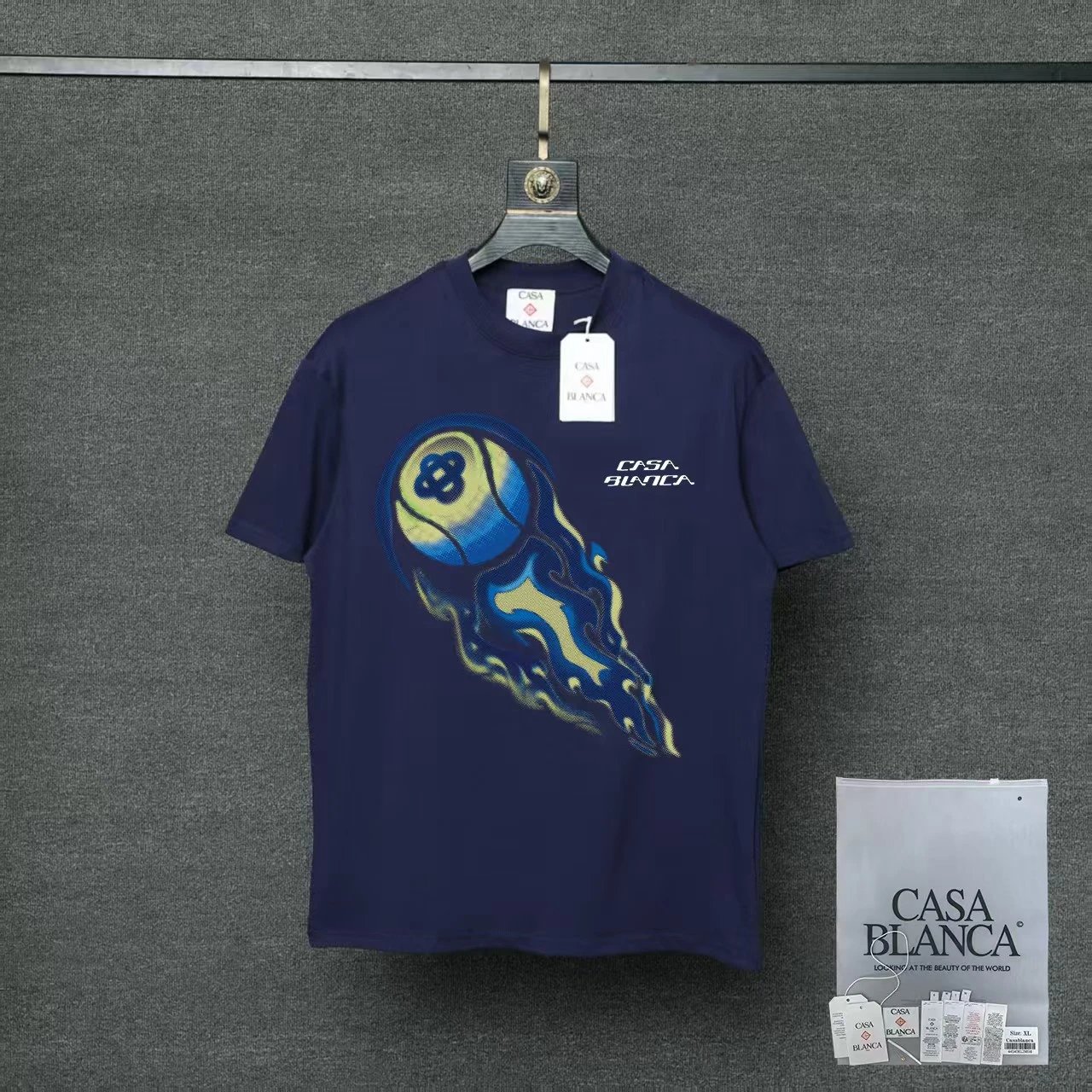 Casablanca T-Shirts Flaming Tennis Ball Graphic — 01 Royal Blue