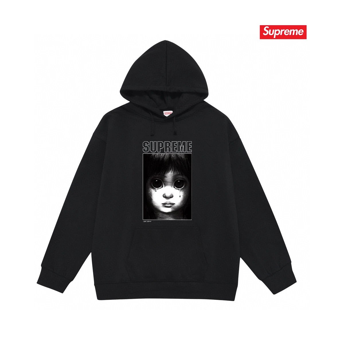 Supreme Hoodies & Sweatshirts Fleece-lined pullover hoodie with photo graphic and kangaroo pocket — S 2177 Black with fleece lining
