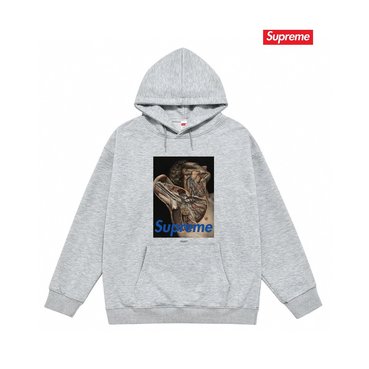 Supreme Hoodies & Sweatshirts Fleece-lined pullover hoodie with photo graphic and kangaroo pocket — S 2178 Gray with fleece lining