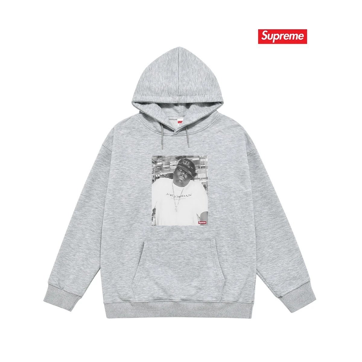 Supreme Hoodies & Sweatshirts Fleece-lined pullover hoodie with photo graphic and kangaroo pocket — S 2183 Gray with fleece lining