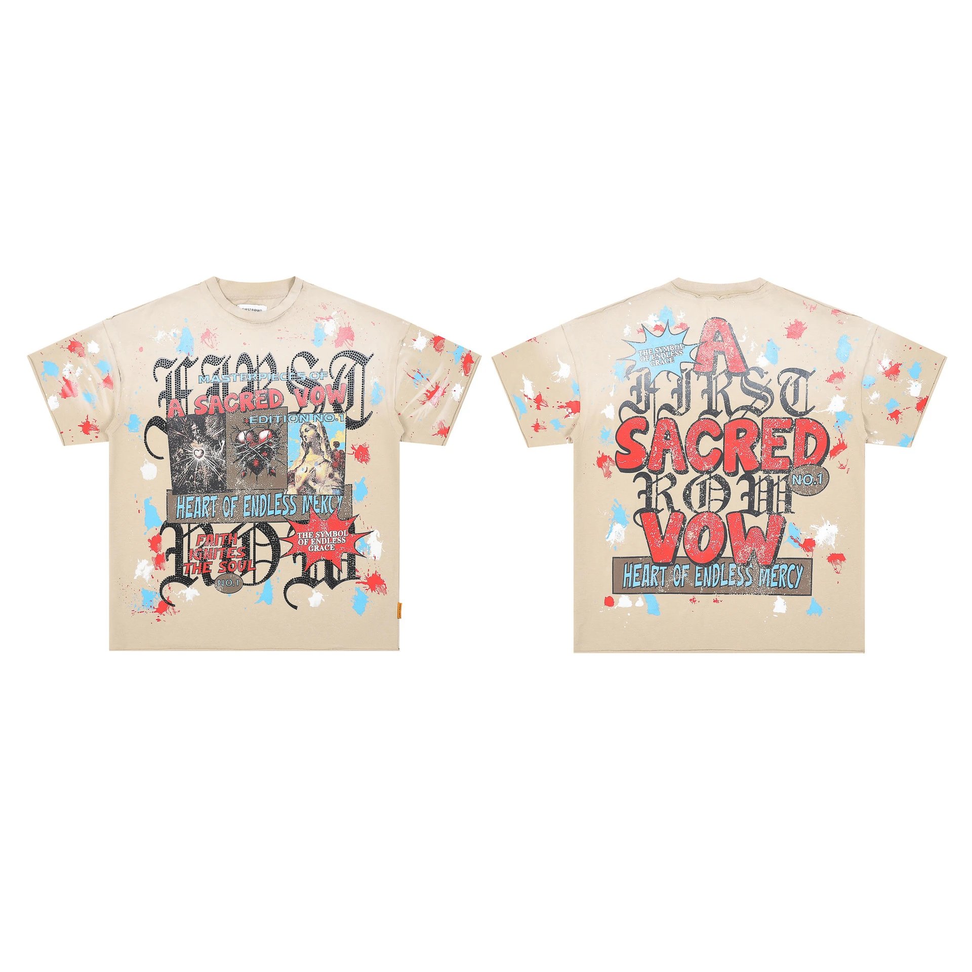 FIRST ROW T-Shirts Graphic Print — F 805#Hot Rhinestone Washing Water to Make Old