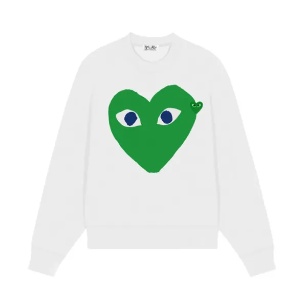 Comme des Garçons Play Heart Eyes Green Logo White Sweatshirt Sweater - 1
