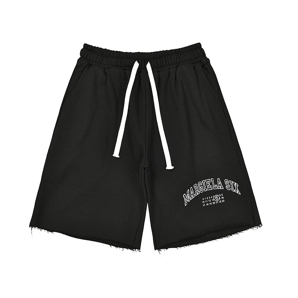Maison Margiela Six Arch Logo Black Frayed Hem Shorts