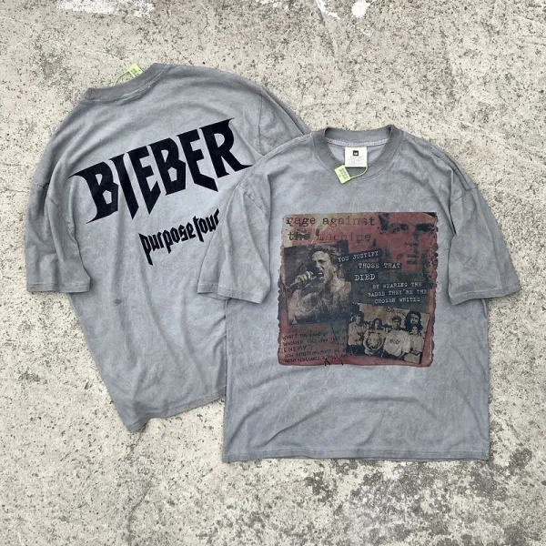 Justin Bieber Purpose Tour x Rage Against the Machine Graphic T-Shirt Gray - 1