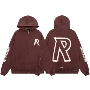 Represent Workshop R Logo Washed Burgundy Zip-Up Hoodie