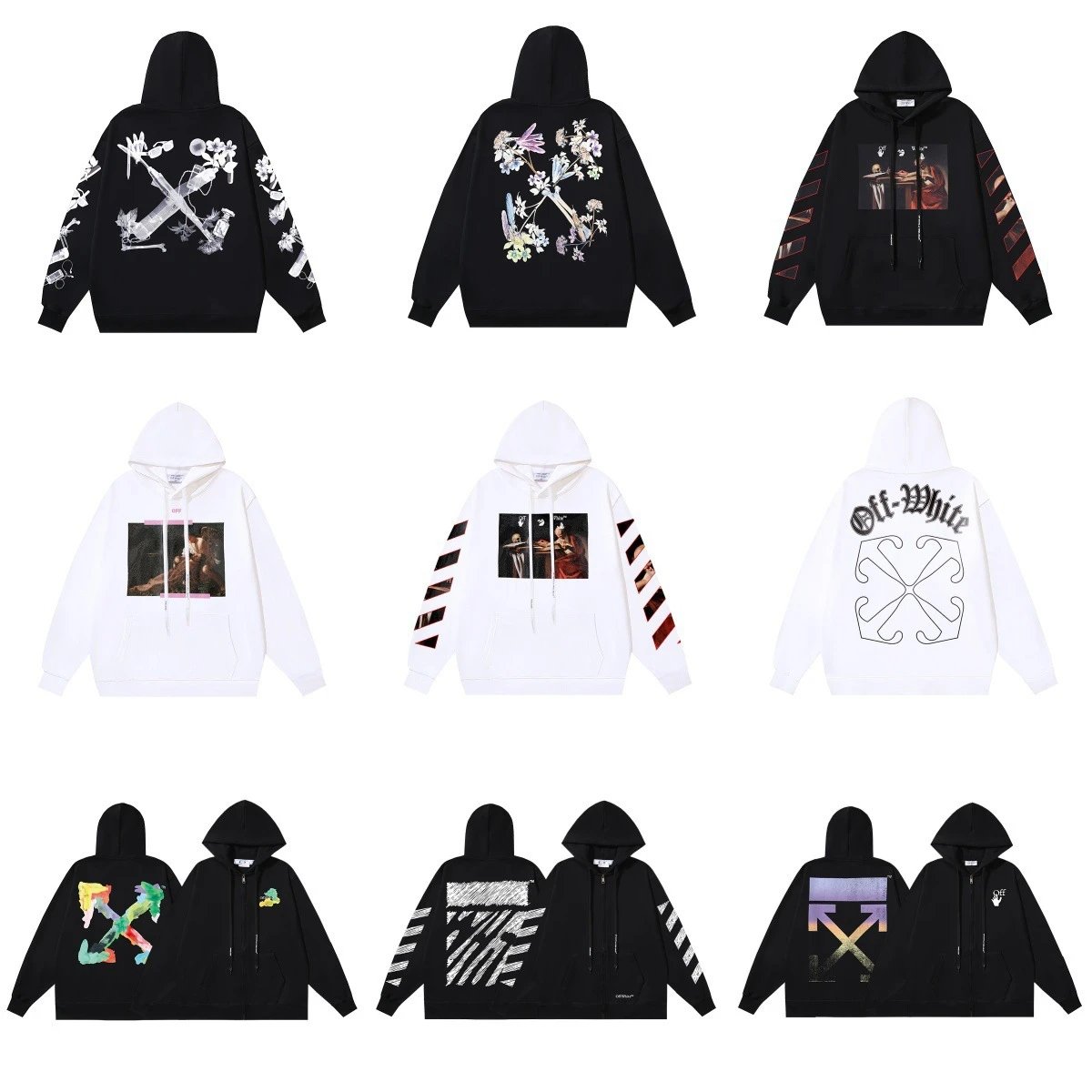 Off-White Black and White Hoodies with Various Graphic Prints